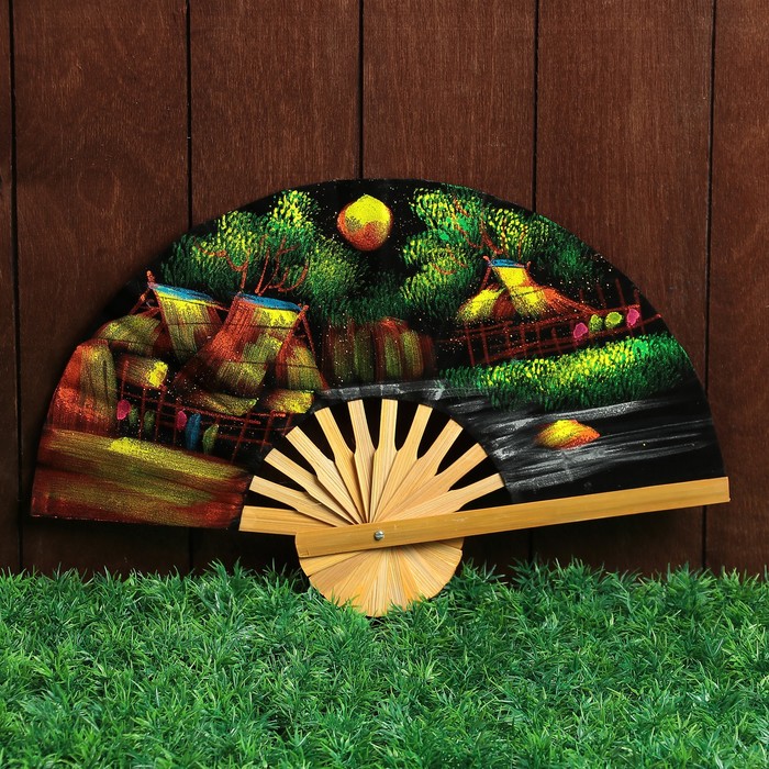 Веер бамбук с блестками "Домик на реке" 25 см