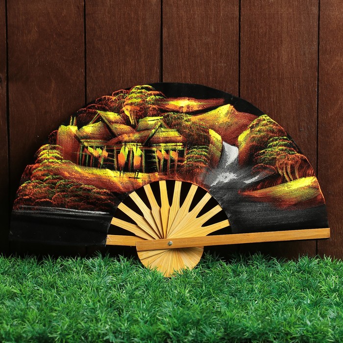 Веер бамбук с блестками "Лодочки в деревне" 25 см