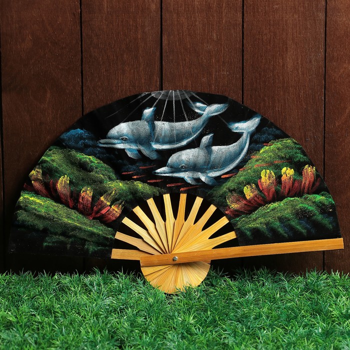 Веер бамбук с блестками "Два дельфина" 25 см