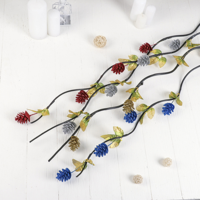 Декор тинги "Блеск" (фасовка 5 шт) шишки с листиками, 150 см, микс