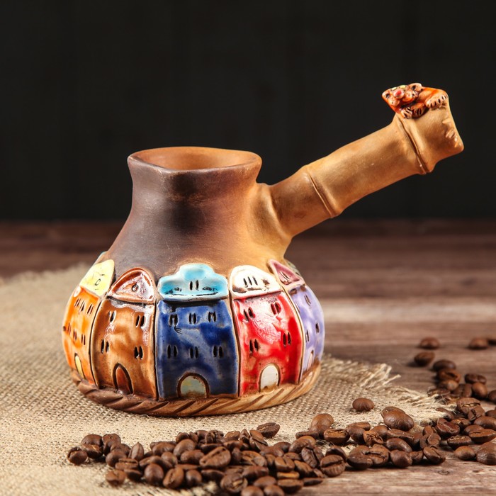 Турка для кофе "Домики 3", высота 9 см, объем 350 мл микс