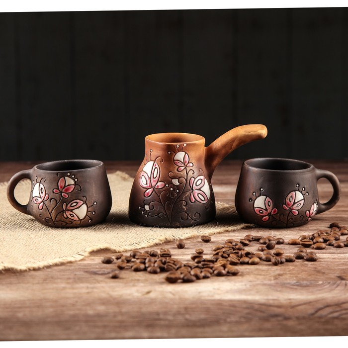 Кофейный набор 3 предмета "Дивные цветы" турка 200мл, 2 чашки   микс