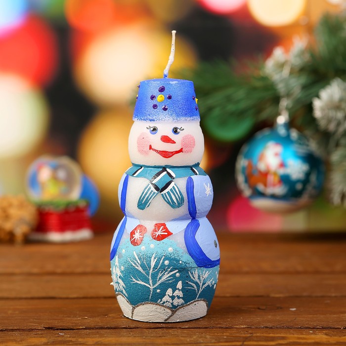 Декоративная свеча "Снеговик" большая, с ручной росписью, 11,6х5,2см