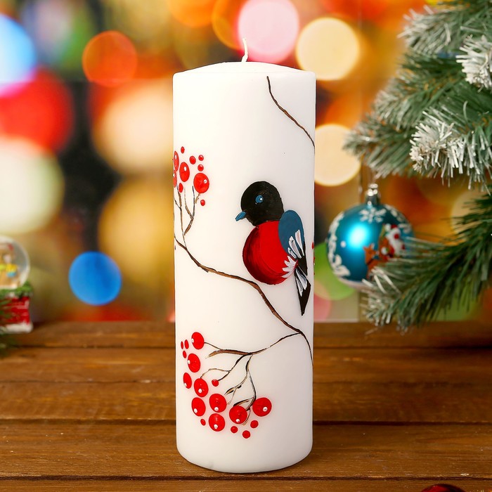 Свеча цилиндр "Снегирь" с ручной росписью, 20х7см