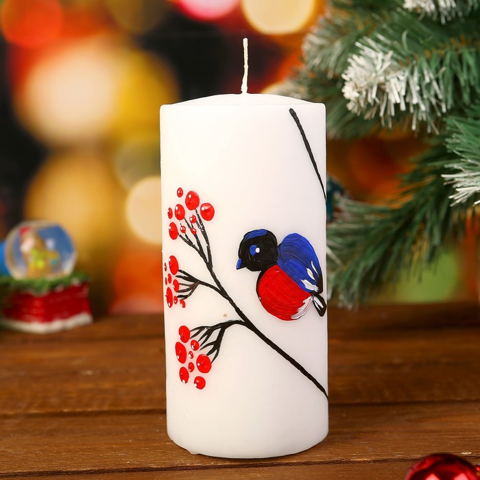Свеча цилиндр "Снегирь" с ручной росписью, 15х7см