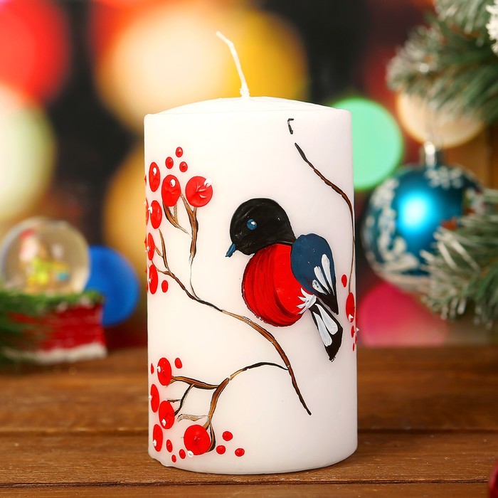 Свеча цилиндр "Снегирь" с ручной росписью, 12х7см