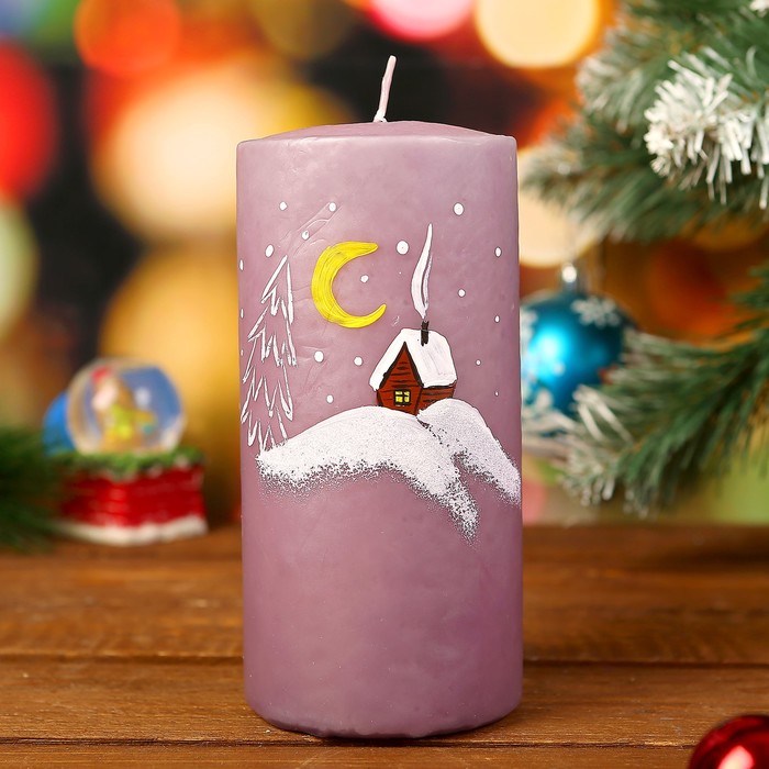 Свеча цилиндр "Избушка" с ручной росписью, 15х7см