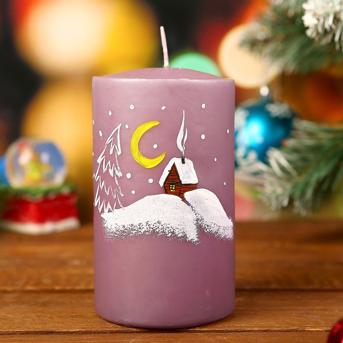 Декоративная свеча "Избушка" цилиндр, с ручной росписью, 12х7см