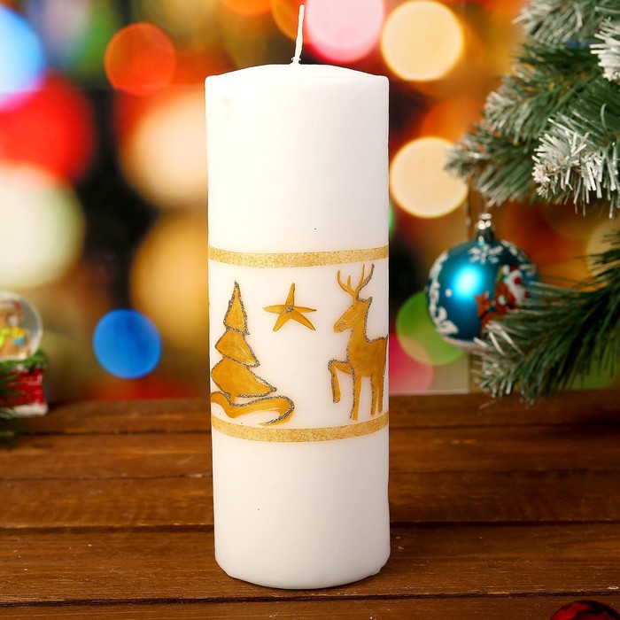 Свеча цилиндр "Лесной олень" с ручной росписью, белая, 20х7см