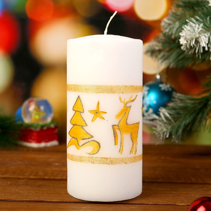 Свеча цилиндр "Лесной олень" с ручной росписью, белая, 15х7см