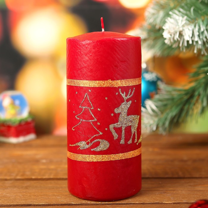 Свеча цилиндр "Лесной олень" с ручной росписью, бордовая, 15х7см
