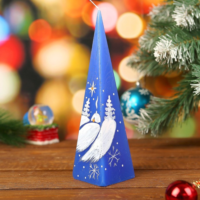Свеча пирамидка "Зимовье" с ручной росписью, синяя, 23х6х6см