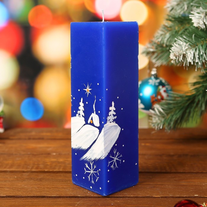 Свеча куб "Зимовье" с ручной росписью, синяя, 6х6х20см