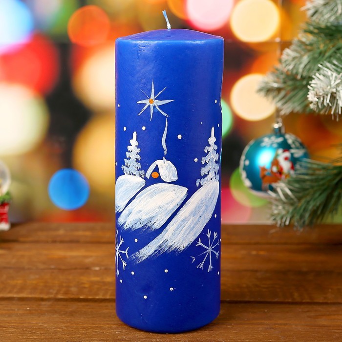 Свеча цилиндр "Зимовье" с ручной росписью, синяя, 20х7см