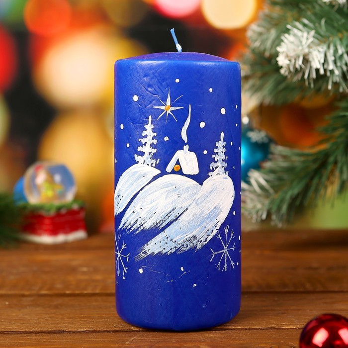 Свеча цилиндр "Зимовье" с ручной росписью, синяя, 15х7см