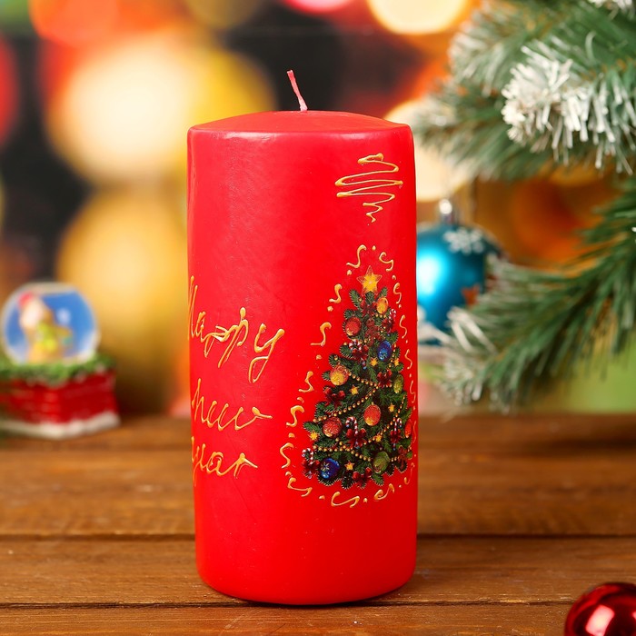 Свеча цилиндр "Рождественская ёлка" с ручной росписью, красная, 15х7см