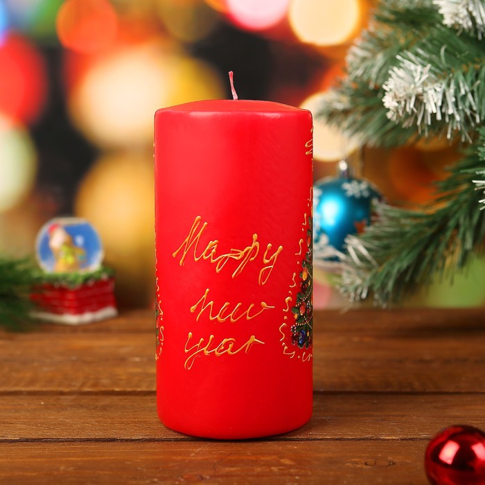 Свеча цилиндр "Рождественская ёлка" с ручной росписью, красная, 15х7см