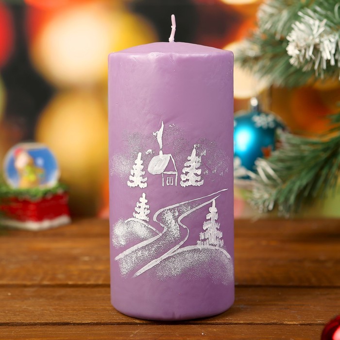 Свеча цилиндр "Снежная сказка" с ручной росписью, золотая, 15х7см