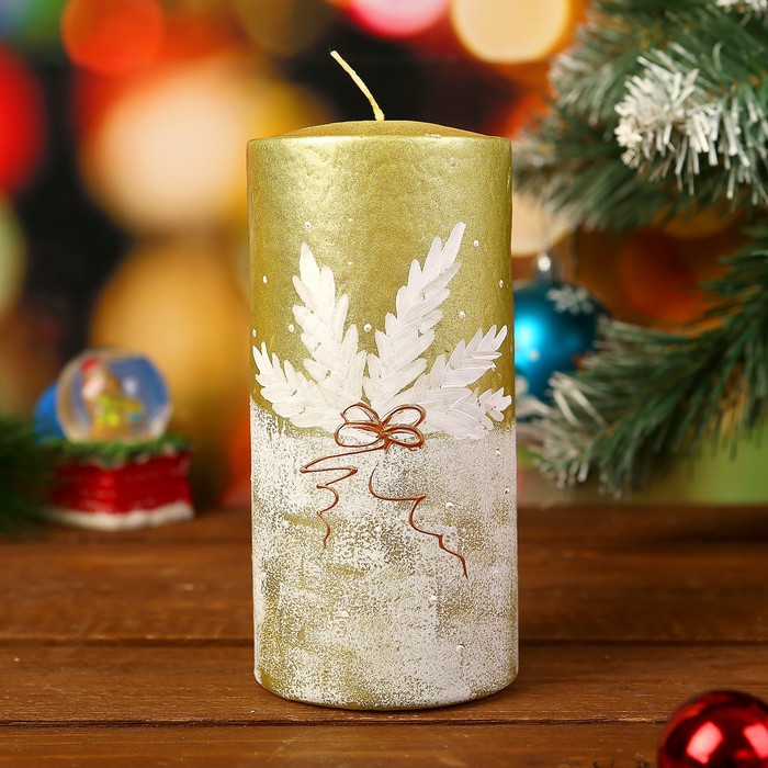 Свеча цилиндр "Ибис" с ручной росписью, золотая, 15х7см