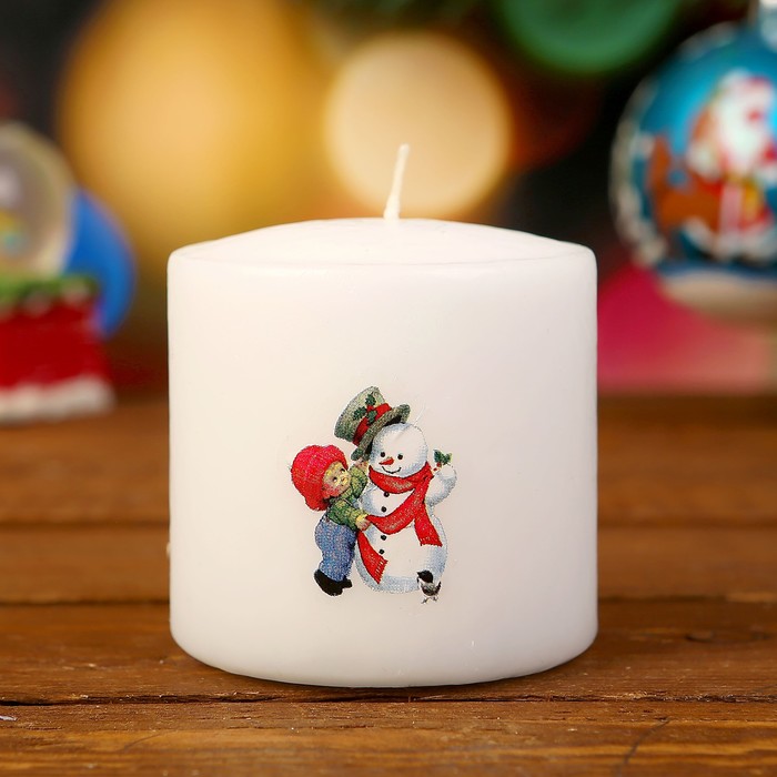 Свеча цилиндр "Снеговик с мальчиком", белая, 13х6х6см