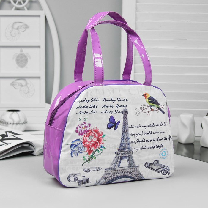 Косметичка-сумочка "Города", отдел на молнии, ручки, цвет сиреневый