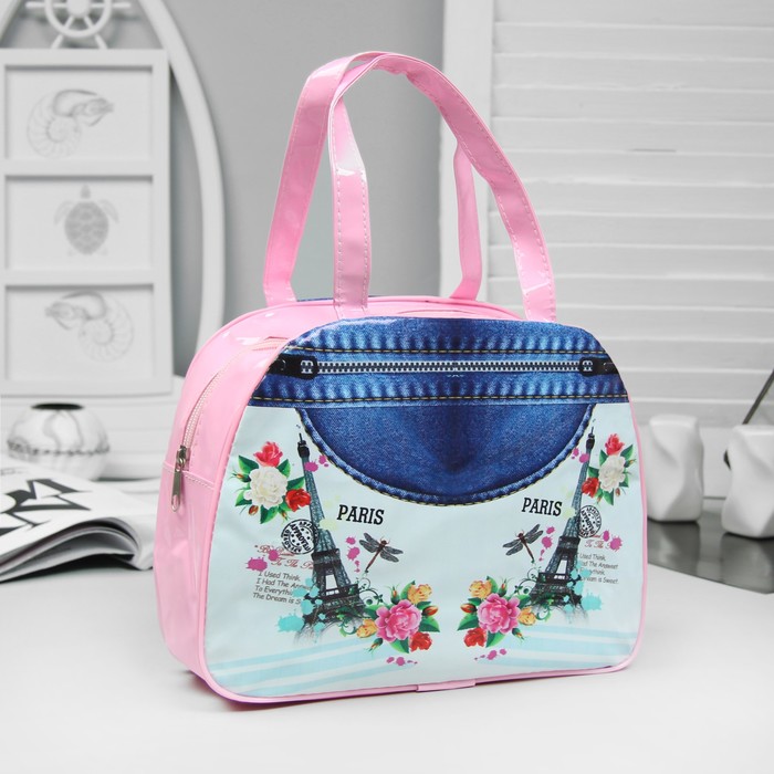 Косметичка-сумочка "Города", отдел на молнии, ручки, цвет розовый