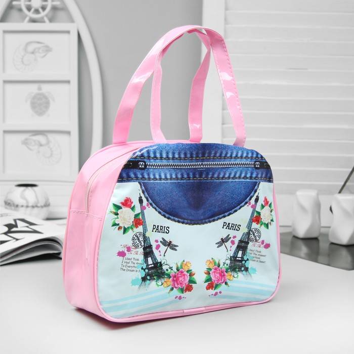 Косметичка-сумочка "Города", отдел на молнии, ручки, цвет розовый