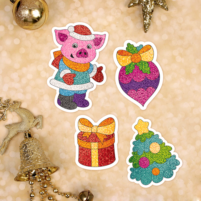 Фреска на магните новогодняя "Хрюшка и подарки", набор: 4 шт.