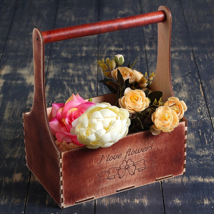 Кашпо флористическое "I love flowers, бантик", деревянная ручка, красное дерево, 23х11х22см