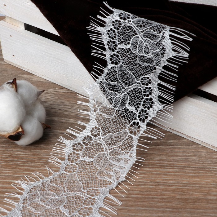 Кружево реснички, 75мм, 9±1м, в бобине 3 ленты, каждая по 3 метра, цвет белый