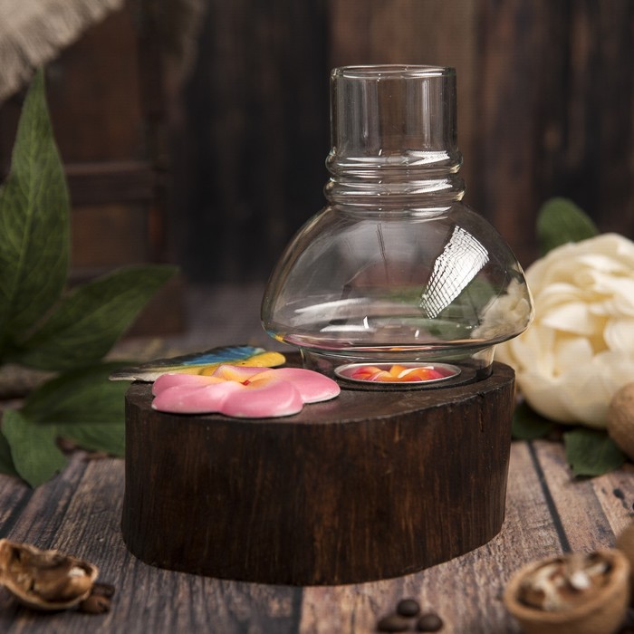 Подсвечник "Розовый цветок и бабочка" дерево, стекло 15х11х15 см