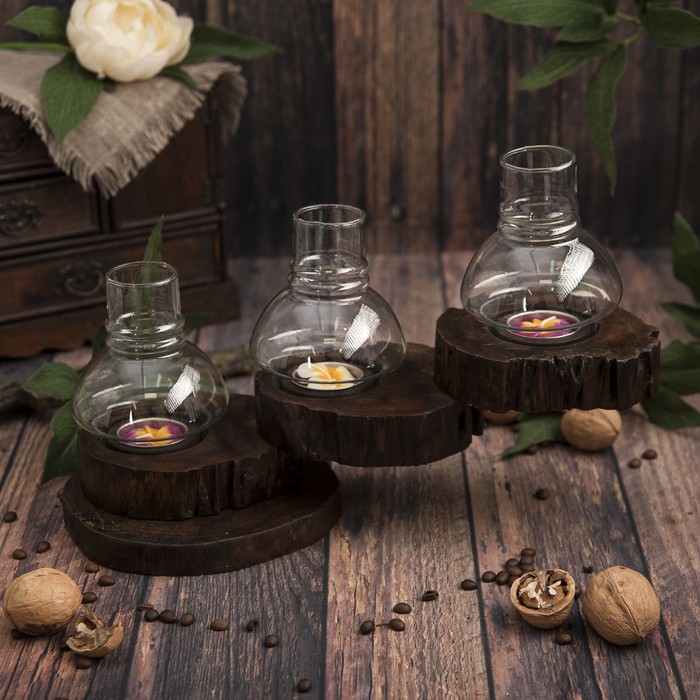 Подсвечник "Тройное счастье" дерево, стекло 26х20х22 см