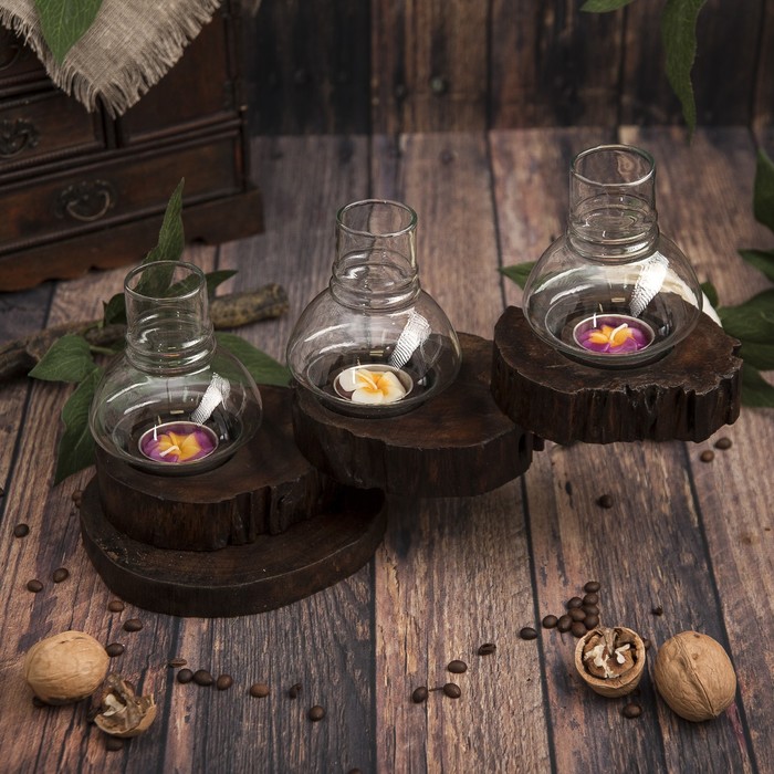 Подсвечник "Тройное счастье" дерево, стекло 26х20х22 см