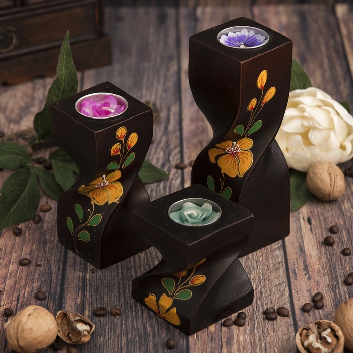 Набор подсвечников из мангового дерева "Жёлтые цветы" 20х6,5х18