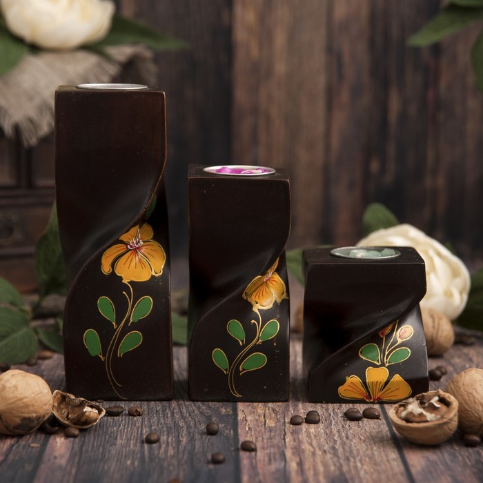 Набор подсвечников из мангового дерева "Жёлтые цветы" 20х6,5х18