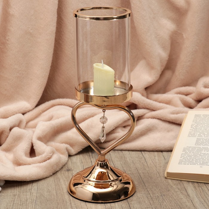 Подсвечник металл, стекло на 1 свечу "Сердце с кристаллом" золото 33,5х12х12 см
