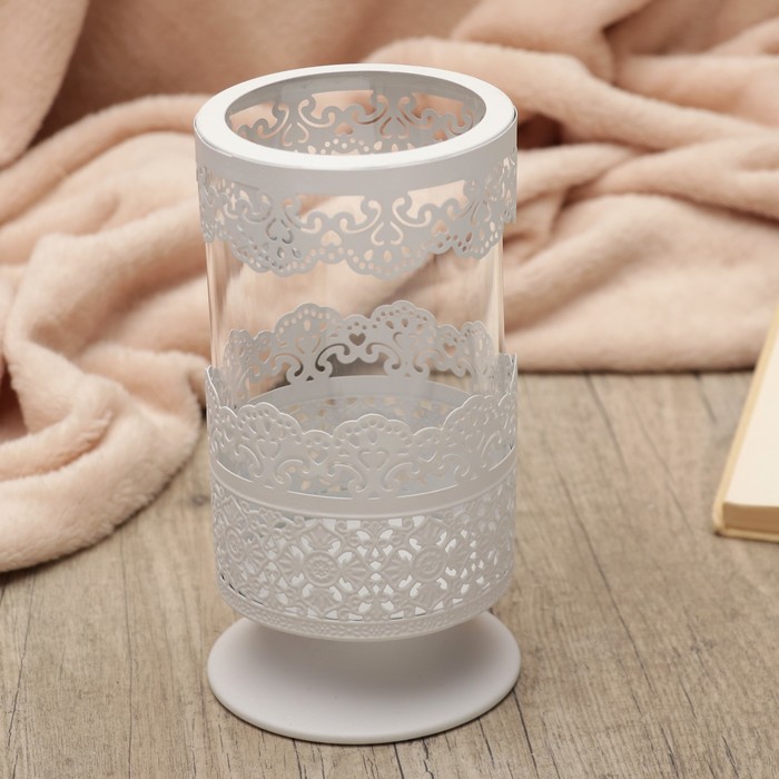 Подсвечник металл, стекло на 1 свечу "Ажурный" белый 19,5х10х10 см