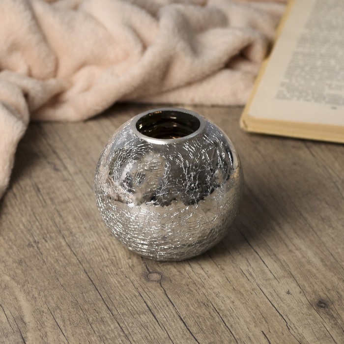 Подсвечник стекло 1 свеча "Серебристый шар. Кракелюр" 8,5х9,5х9,5 см