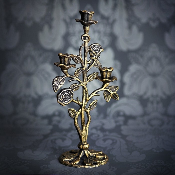 Подсвечник металл на 3 свечи "Розы" золотая патина 38х17,5х12,5 см