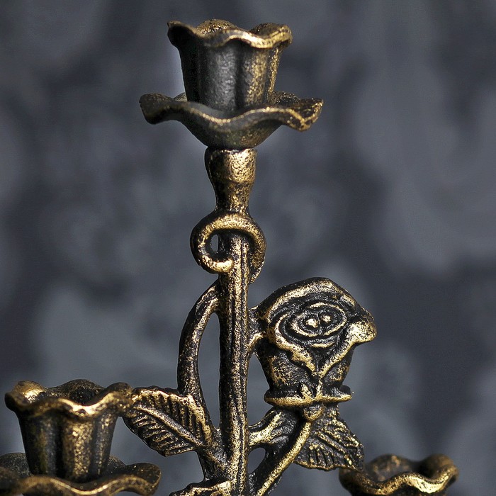 Подсвечник металл на 3 свечи "Розы" золотая патина 38х17,5х12,5 см