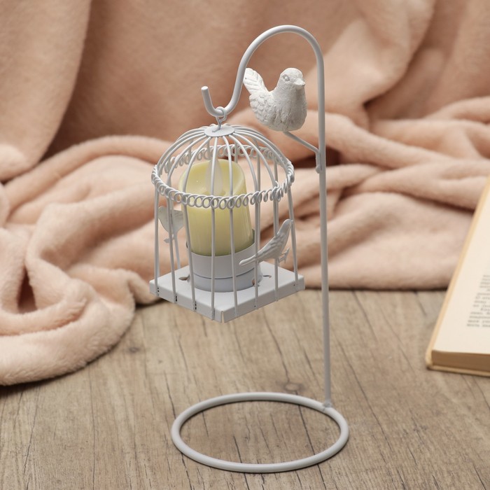 Подсвечник металл 1 свеча "Подвесная клетка с птицами" белый 25,5х10,5х10,5 см