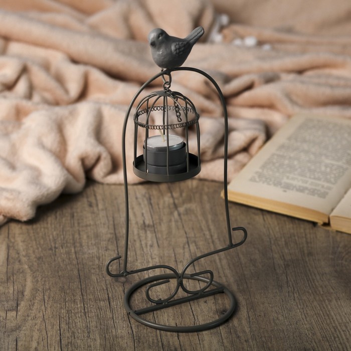 Подсвечник металл 1 свеча "Подвесная клетка с птицей" серый 28х15х11 см