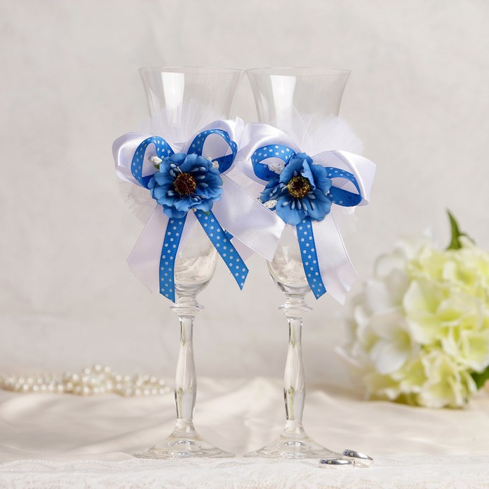 Набор для шампанского "Вдохновение", корзинка+ украшение на бокалы, синий