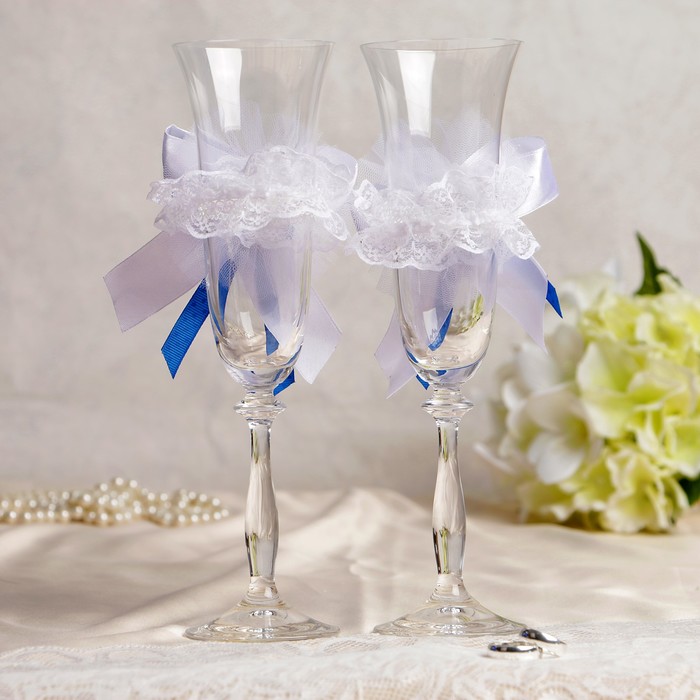 Набор для шампанского "Вдохновение", корзинка+ украшение на бокалы, синий