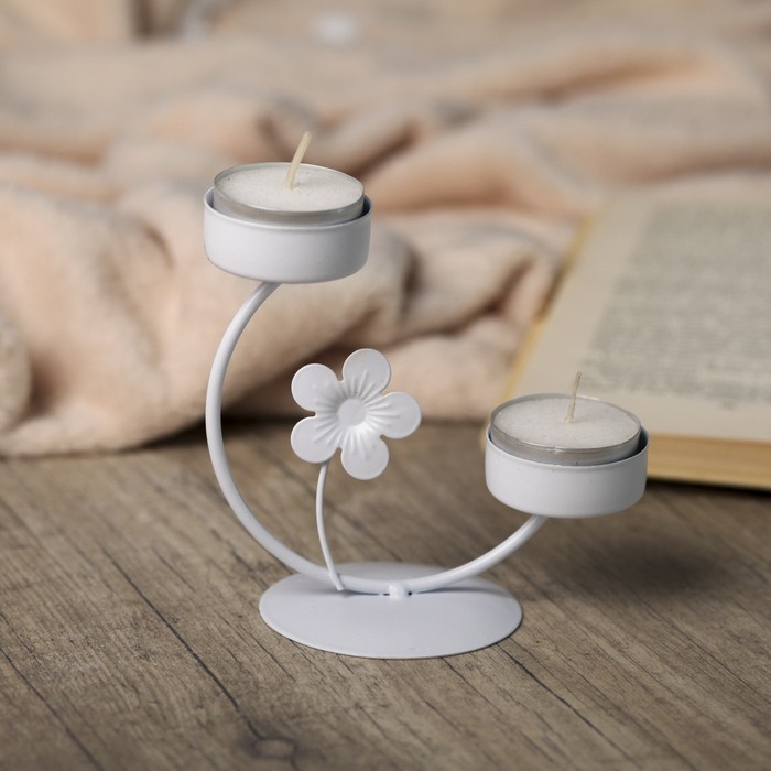 Подсвечник металл 2 свечи "Цветочек" белый 11,5х11,5х6,5 см