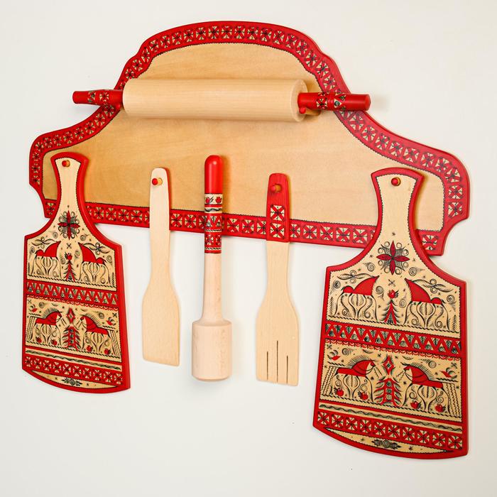 Набор кухонный со скалкой, 7 предметов, мезенская роспись