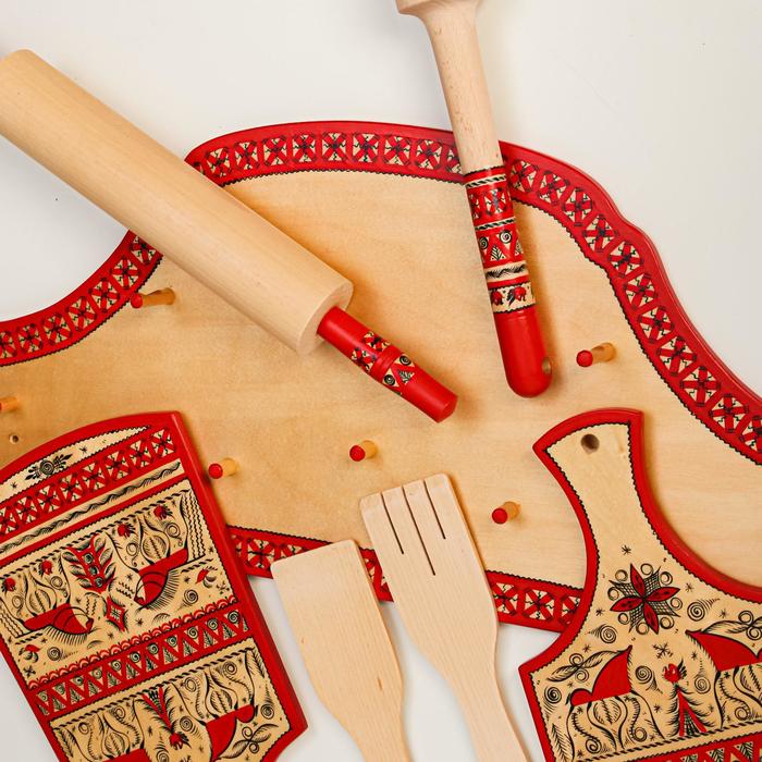 Набор кухонный со скалкой, 7 предметов, мезенская роспись