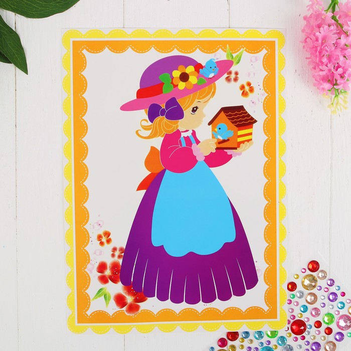 Аппликация круглыми стразами "Девчушка с домиком"