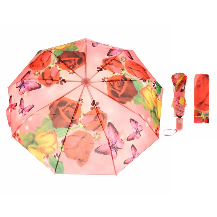 Зонт автоматический "Цветы и бабочки", R=49см, цвет розовый/красный