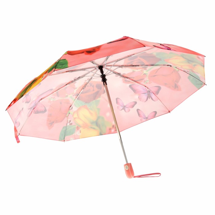Зонт автоматический "Цветы и бабочки", R=49см, цвет розовый/красный